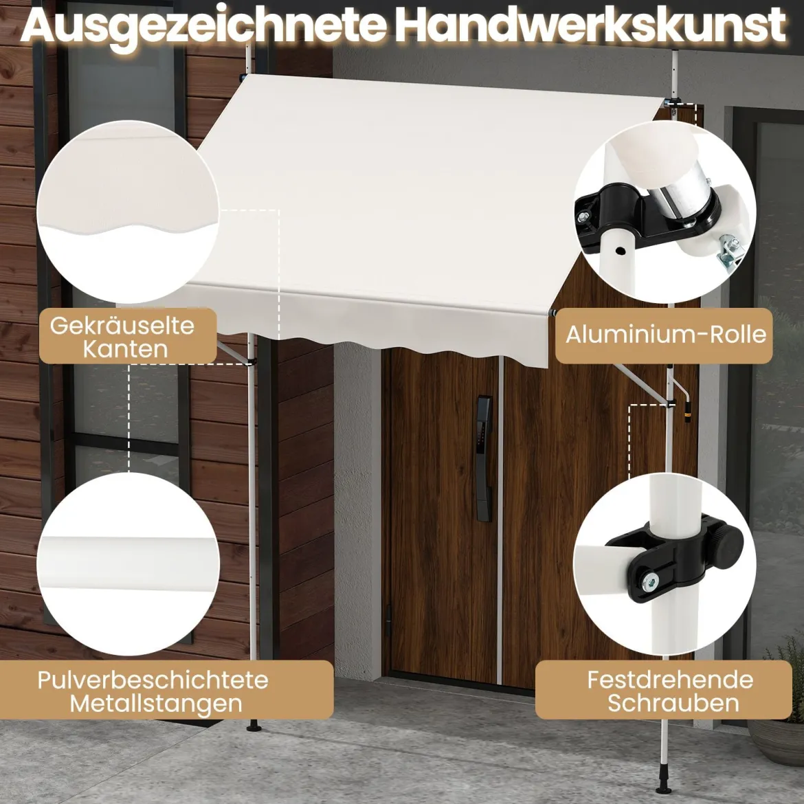 Klemmmarkise Balkonmarkise ohne Bohren mit Handkurbel Höhenverstellbar & UV-beständig 200 cm Weiß
