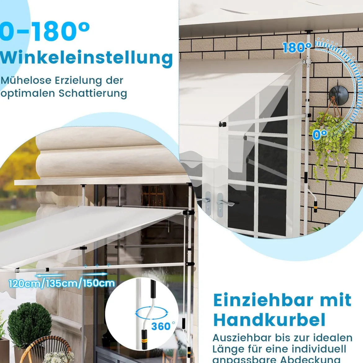 Klemmmarkise 200cm Balkonmarkise ohne Bohren mit Handkurbel Höhenverstellbar & UV-beständig 200 cm Weiß