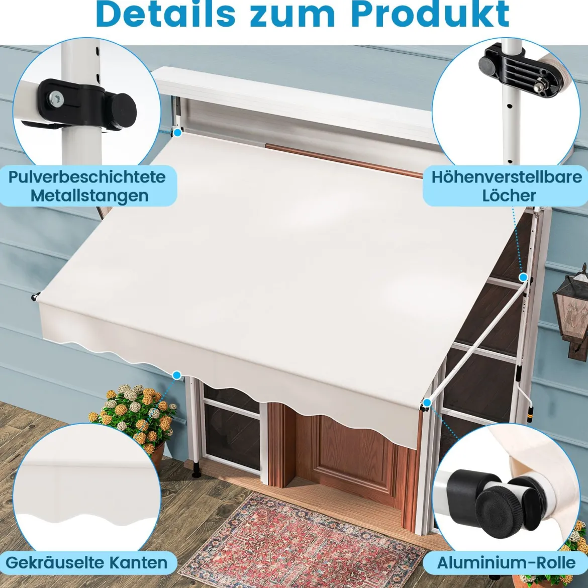 Klemmmarkise 200cm Balkonmarkise ohne Bohren mit Handkurbel Höhenverstellbar & UV-beständig 200 cm Weiß