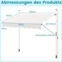 Klemmmarkise 200cm Balkonmarkise ohne Bohren mit Handkurbel Höhenverstellbar & UV-beständig 200 cm Weiß