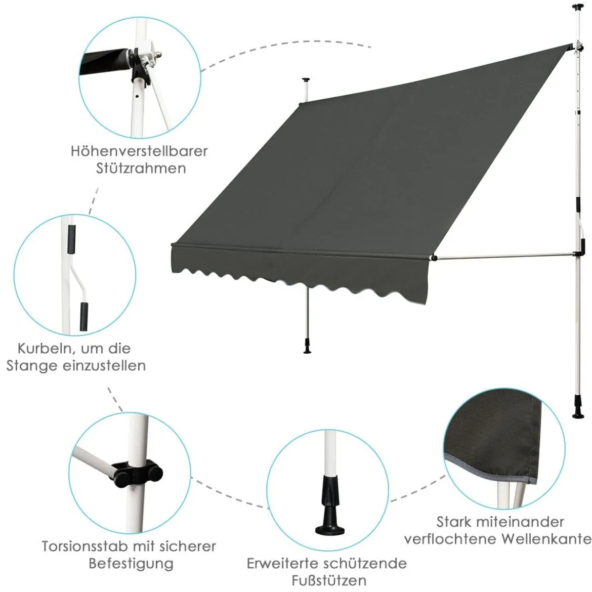 Klemmmarkise 300 cm breit Balkonmarkise ohne Bohren UV-beständig höhenverstellbar