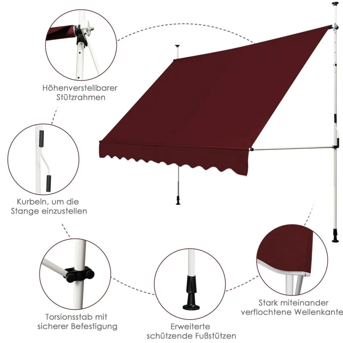 Klemmmarkise 300 cm breit Balkonmarkise ohne Bohren UV-beständig höhenverstellbar