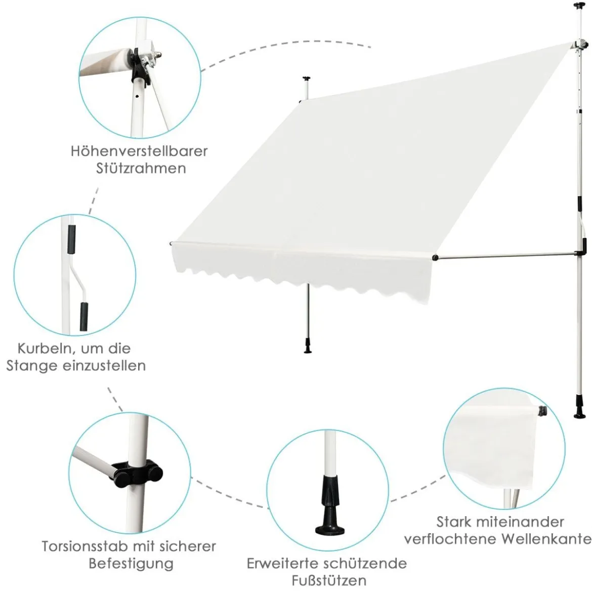 Klemmmarkise 300 cm breit Balkonmarkise ohne Bohren UV-beständig höhenverstellbar