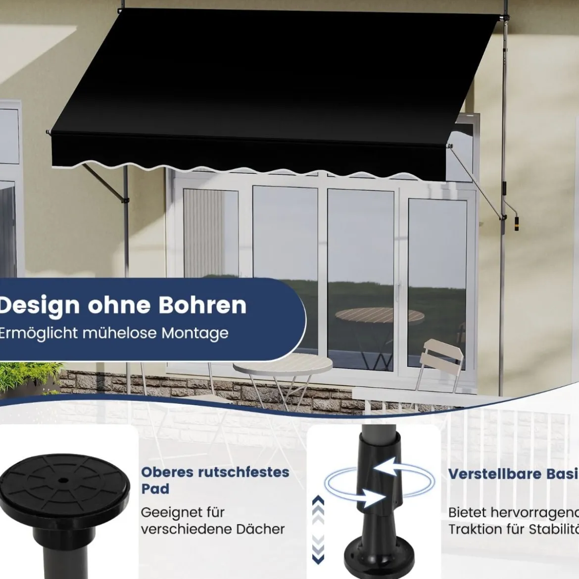 Klemmmarkise ohne Bohren mit Handkurbel Höhenverstellbare & UV-beständige 300 cm