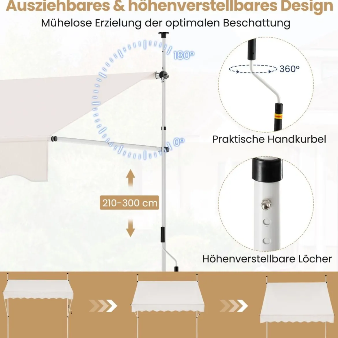 Klemmmarkise ohne Bohren mit Handkurbel Höhenverstellbare & UV-beständige 300 cm