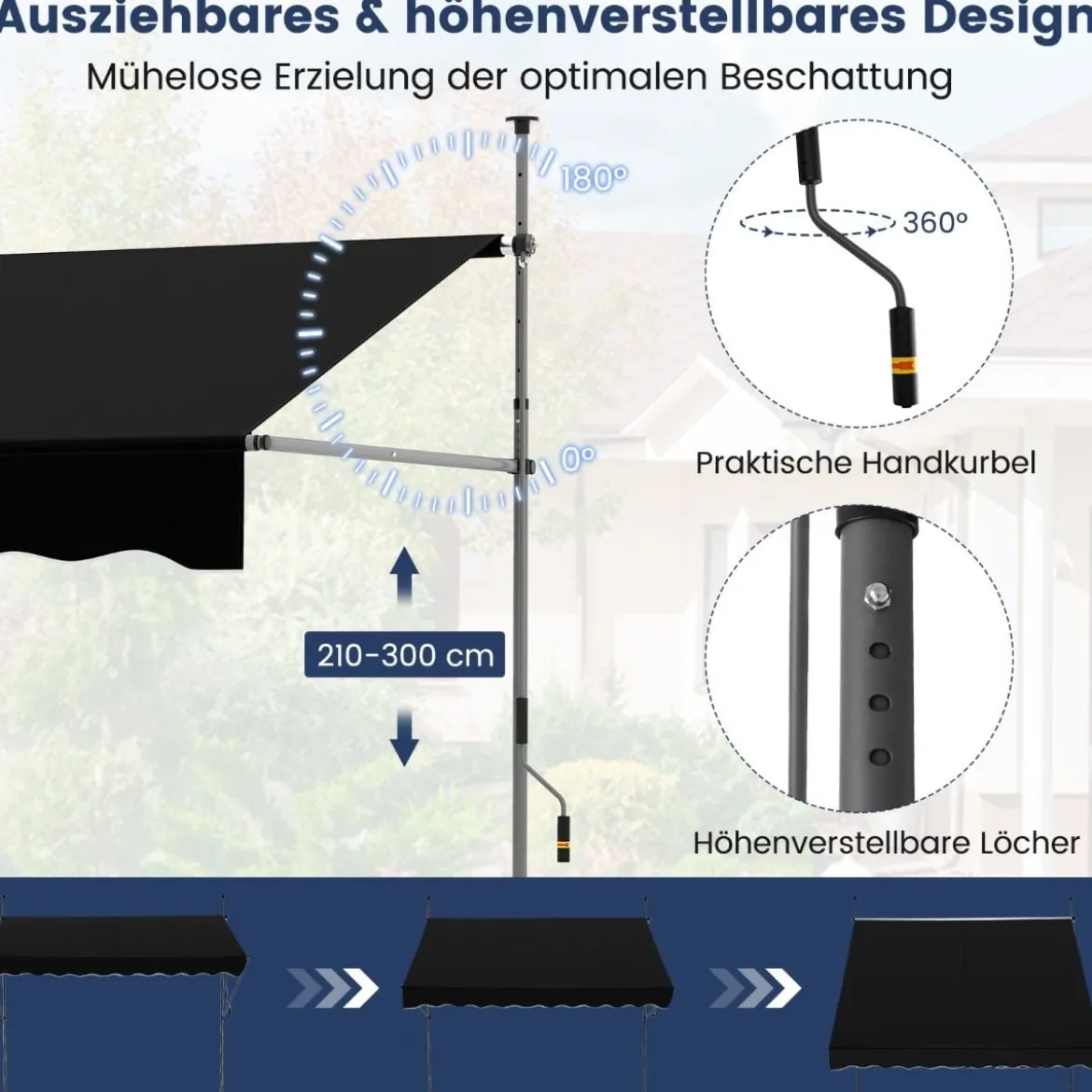 Klemmmarkise ohne Bohren mit Handkurbel Höhenverstellbare & UV-beständige 250 cm
