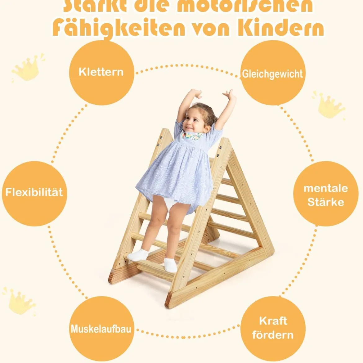 Kletterdreieck aus Holz Klettergerüst für Kinder ab 3 Jahren zur Entwicklung motorischer Fähigkeiten aus natürlicher Kiefer 93x46x81cm
