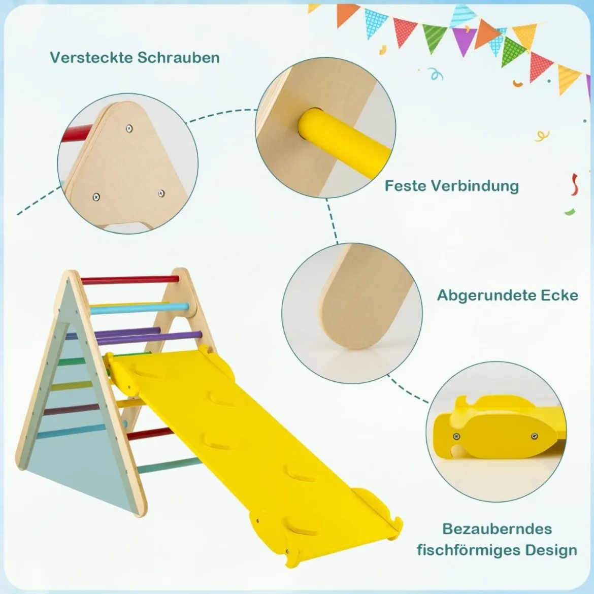 Kletterdreieck Dreieckiges Klettergerüst aus Holz mit Rampe 86,5 x 48 x 73,5 cm Bunt
