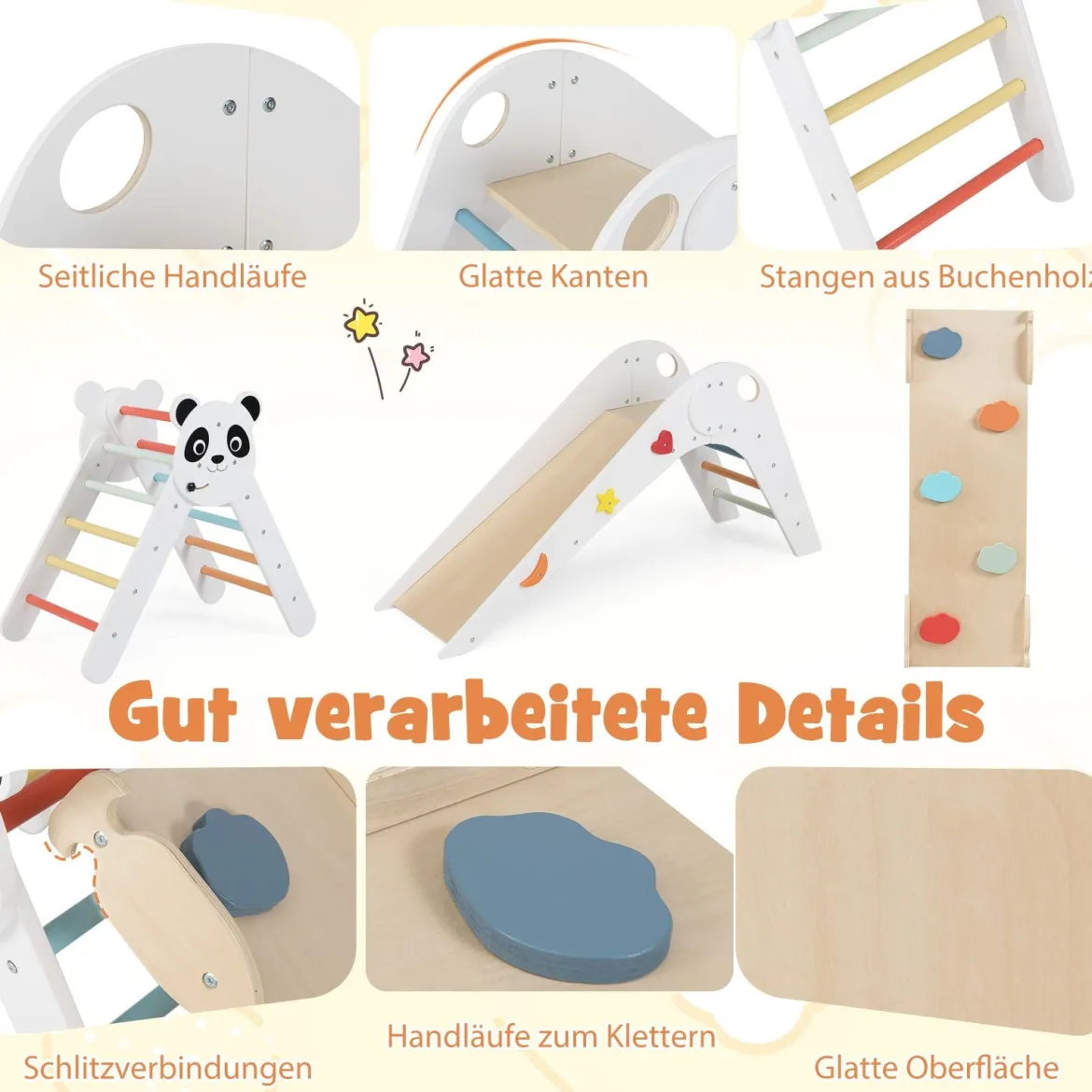 Kletterdreiecke Set faltbares Montessori-Kletterset aus Holz mit Panda-Motiv Weiß