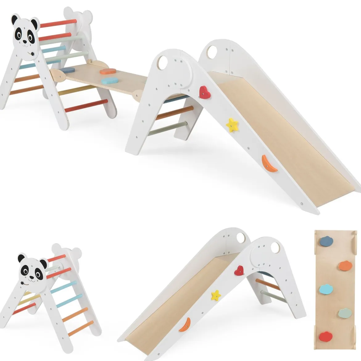 Kletterdreiecke Set faltbares Montessori-Kletterset aus Holz mit Panda-Motiv Weiß