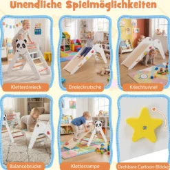 Kletterdreiecke Set faltbares Montessori-Kletterset aus Holz mit Panda-Motiv Weiß