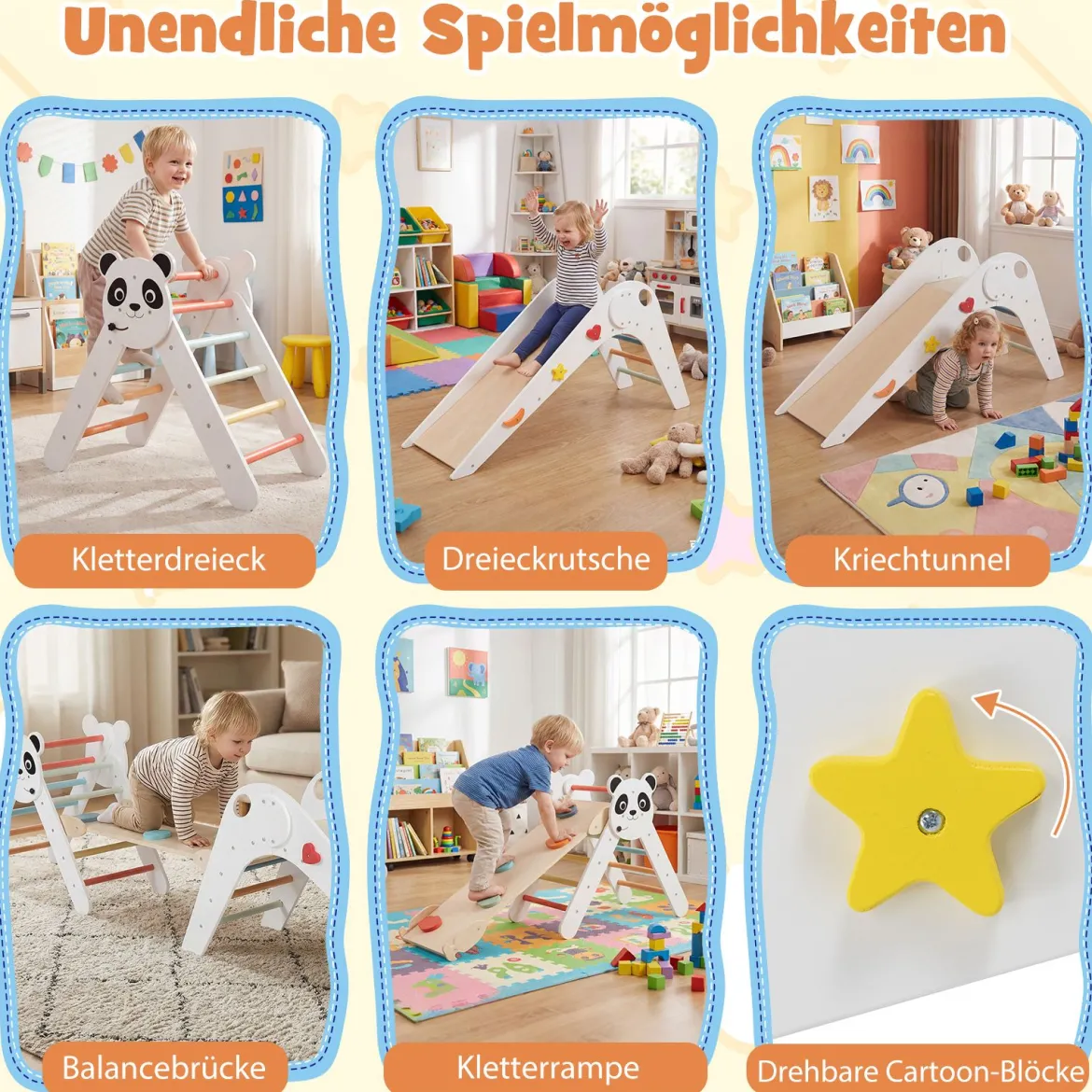 Kletterdreiecke Set faltbares Montessori-Kletterset aus Holz mit Panda-Motiv Weiß