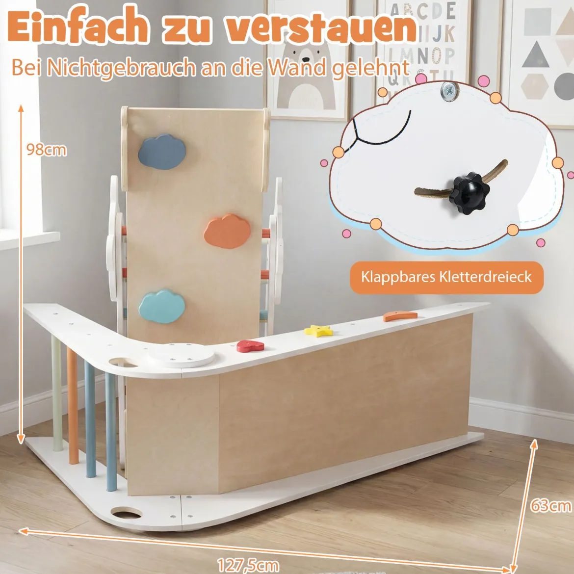 Kletterdreiecke Set faltbares Montessori-Kletterset aus Holz mit Panda-Motiv Weiß