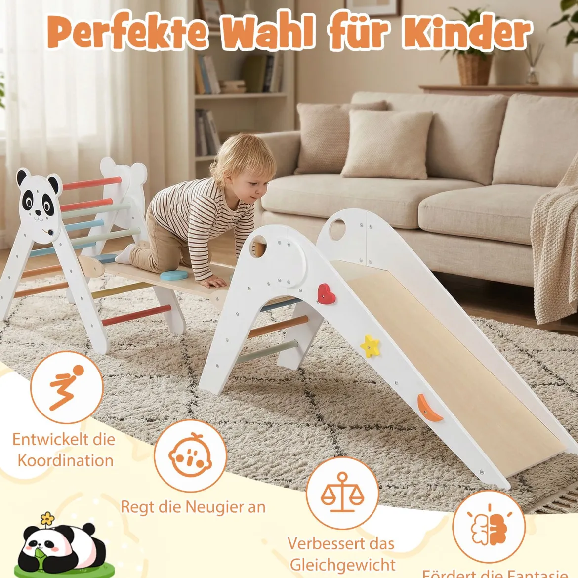 Kletterdreiecke Set faltbares Montessori-Kletterset aus Holz mit Panda-Motiv Weiß