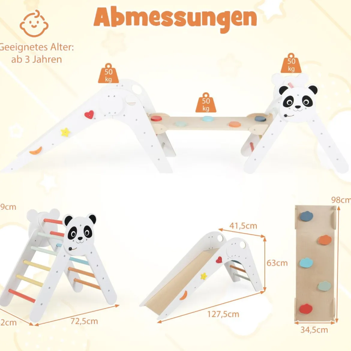 Kletterdreiecke Set faltbares Montessori-Kletterset aus Holz mit Panda-Motiv Weiß