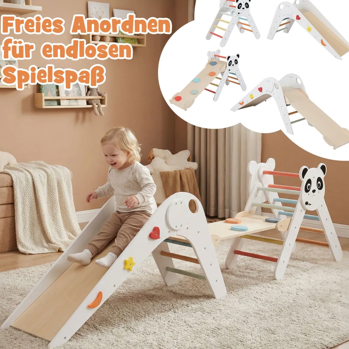 Kletterdreiecke Set faltbares Montessori-Kletterset aus Holz mit Panda-Motiv Weiß