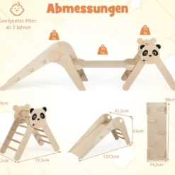 Kletterdreiecke Set faltbares Montessori-Kletterset aus Holz mit Panda-Motiv Natur