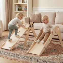 Kletterdreiecke Set faltbares Montessori-Kletterset aus Holz mit Panda-Motiv Natur