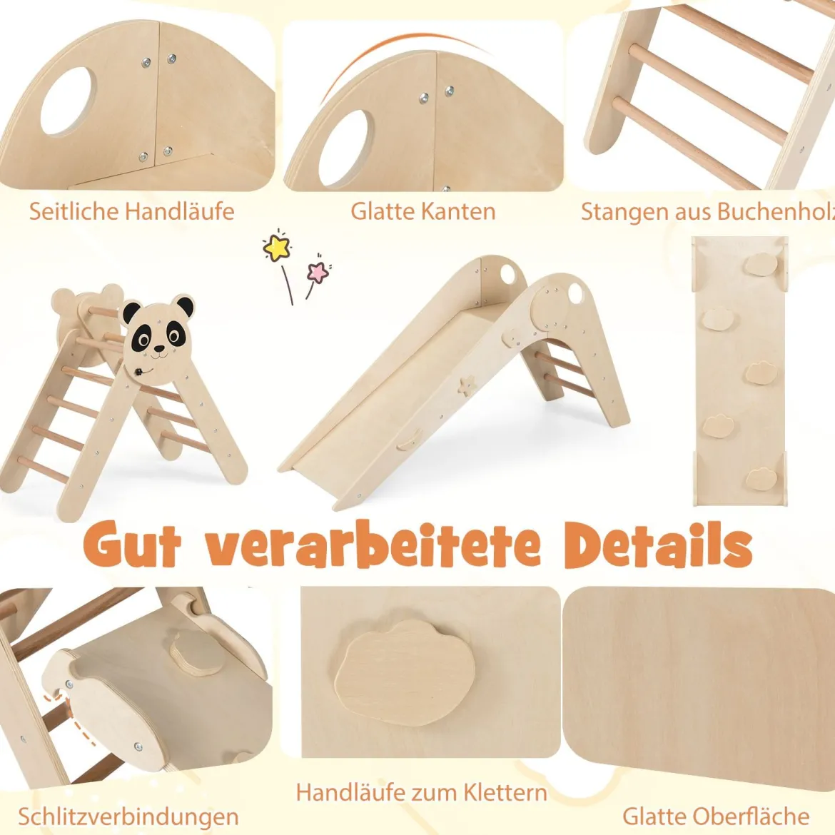 Kletterdreiecke Set faltbares Montessori-Kletterset aus Holz mit Panda-Motiv Natur