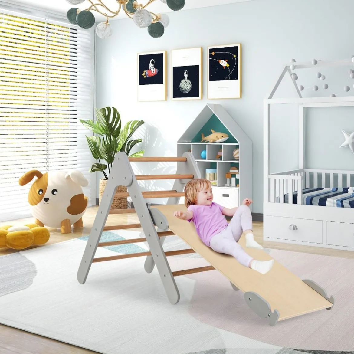 Kletterdreieck mit Rutsche Klettergerüst Indoor ab 1 Jahr Sprossendreieck Kletterrampe aus Holz Grau