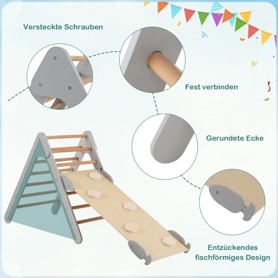 Kletterdreieck mit Rutsche Klettergerüst Indoor ab 1 Jahr Sprossendreieck Kletterrampe aus Holz Grau