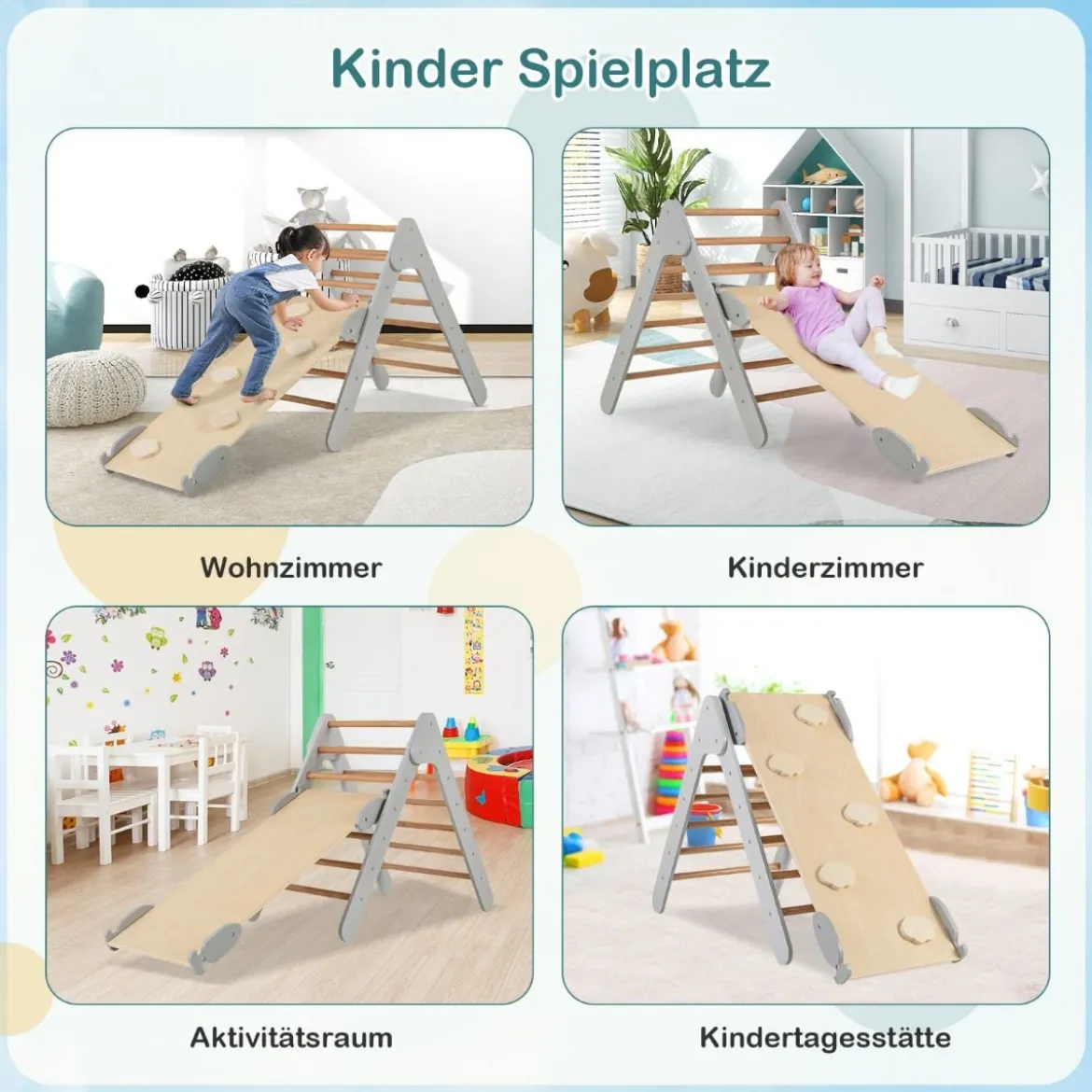 Kletterdreieck mit Rutsche Klettergerüst Indoor ab 1 Jahr Sprossendreieck Kletterrampe aus Holz Grau