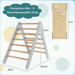 Kletterdreieck mit Rutsche Klettergerüst Indoor ab 1 Jahr Sprossendreieck Kletterrampe aus Holz Grau
