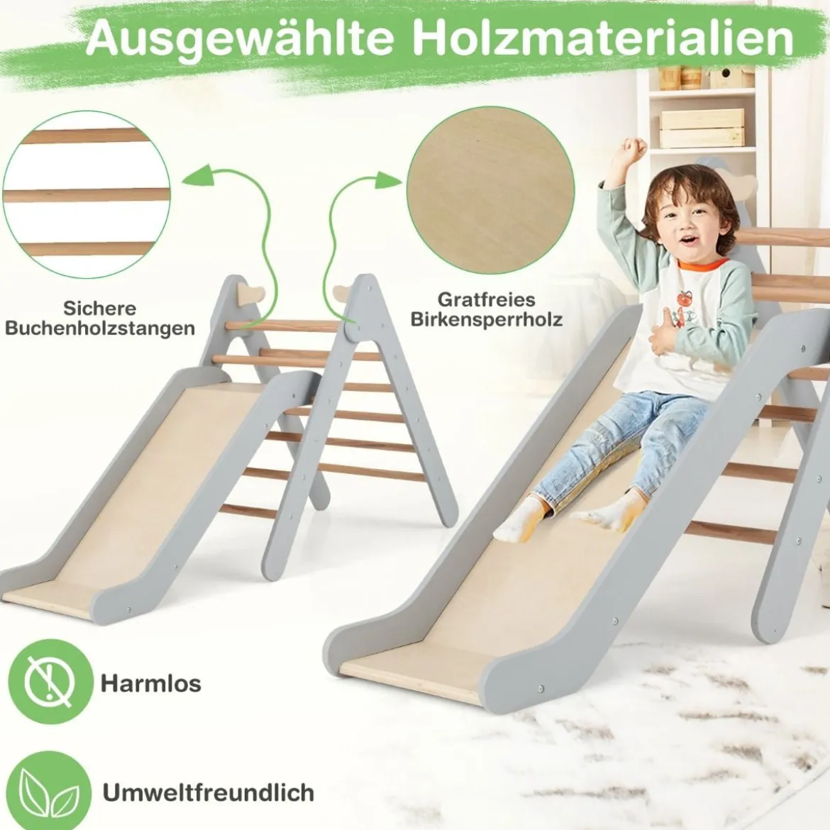 Kletterdreieck mit Rutsche Klettergerüst aus Holz Sprossendreieck zum Rutschen und Klettern Grau