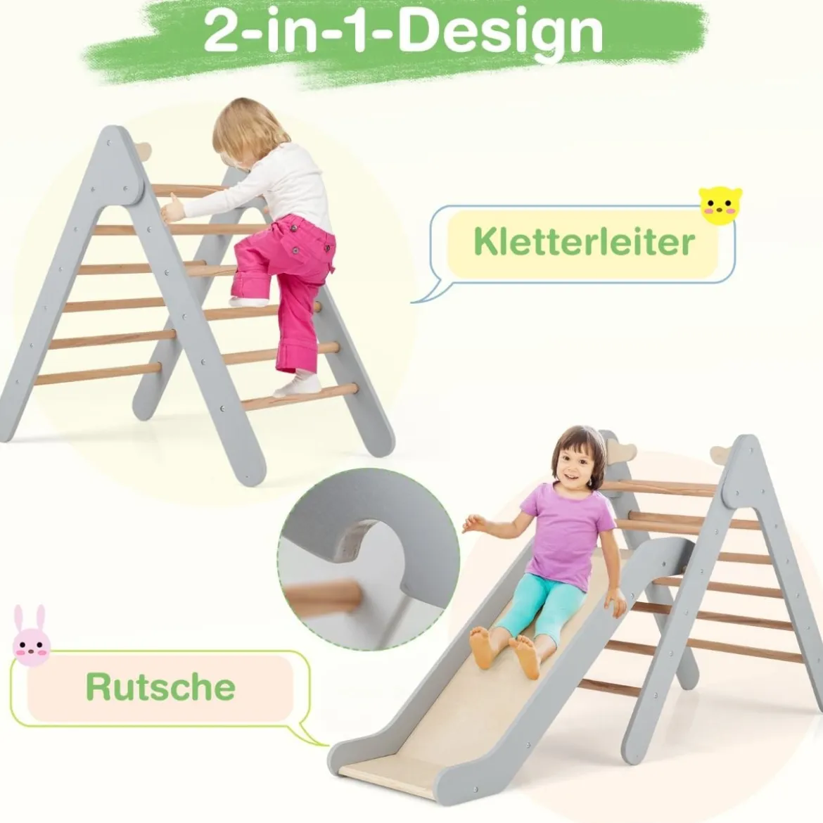 Kletterdreieck mit Rutsche Klettergerüst aus Holz Sprossendreieck zum Rutschen und Klettern Grau