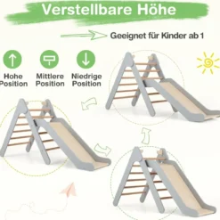 Kletterdreieck mit Rutsche Klettergerüst aus Holz Sprossendreieck zum Rutschen und Klettern Grau