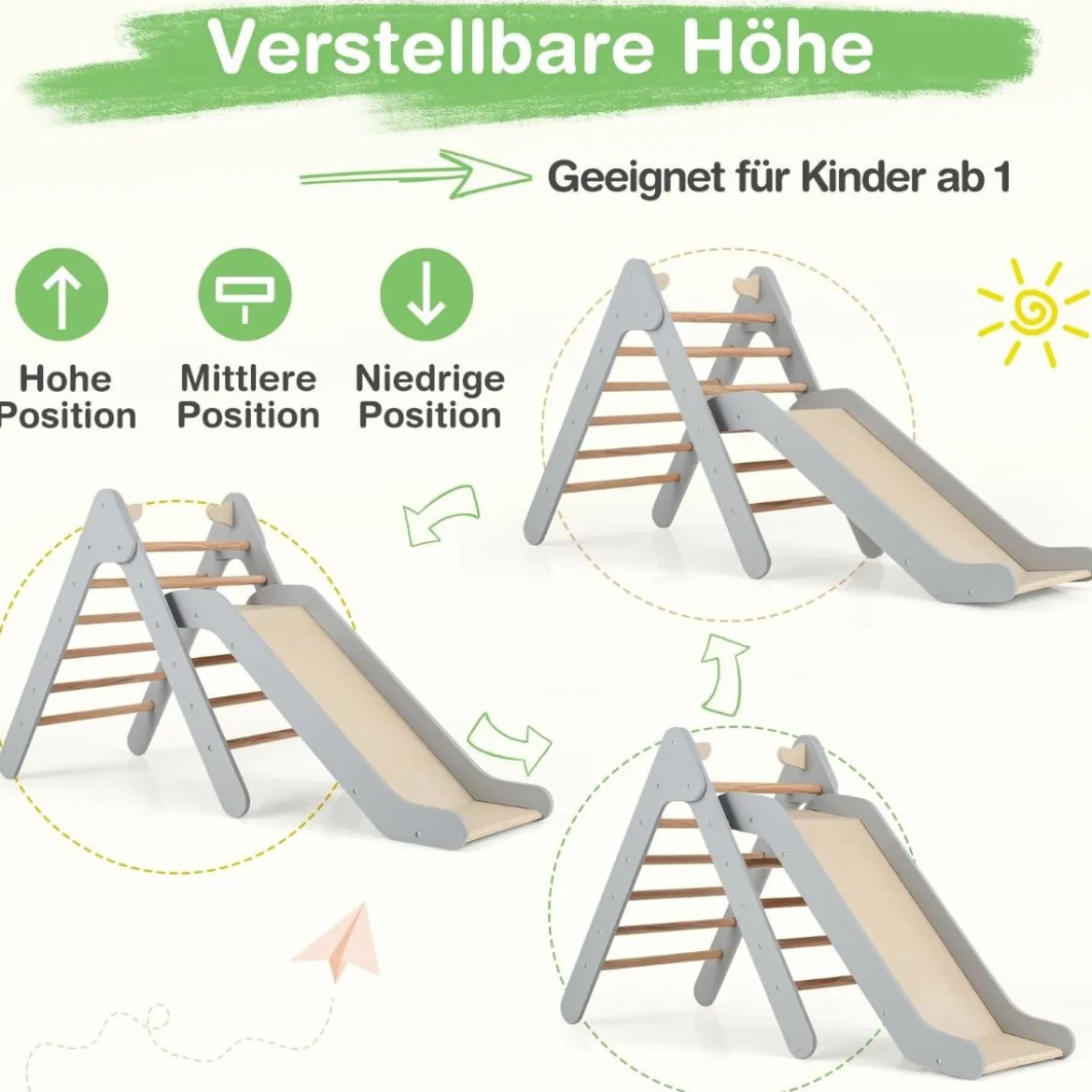 Kletterdreieck mit Rutsche Klettergerüst aus Holz Sprossendreieck zum Rutschen und Klettern Grau