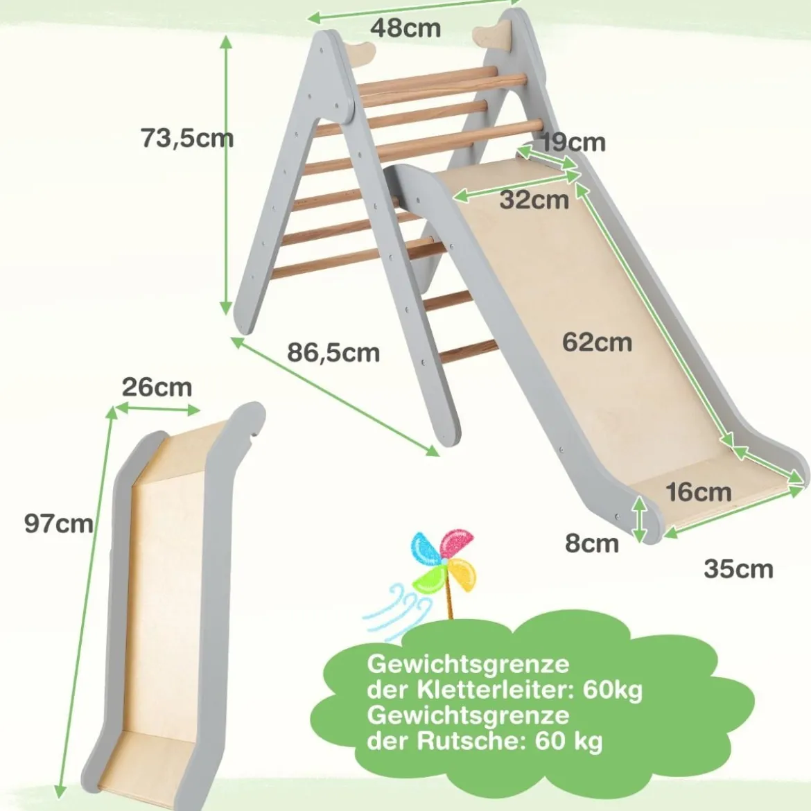 Kletterdreieck mit Rutsche Klettergerüst aus Holz Sprossendreieck zum Rutschen und Klettern Grau