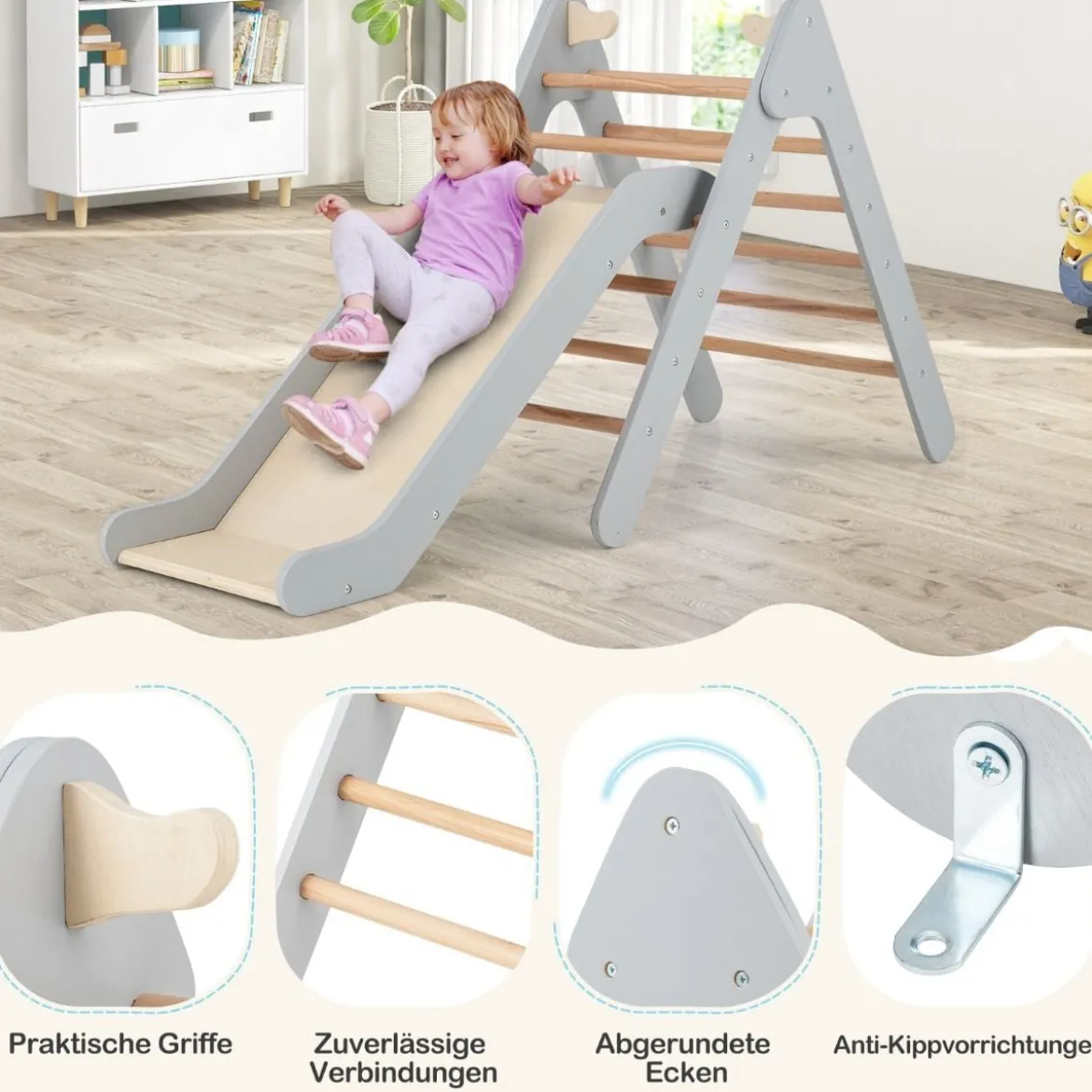 Kletterdreieck mit Rutsche Klettergerüst aus Holz Sprossendreieck zum Rutschen und Klettern Grau