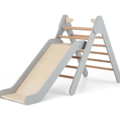 Kletterdreieck mit Rutsche Klettergerüst aus Holz Sprossendreieck zum Rutschen und Klettern Grau
