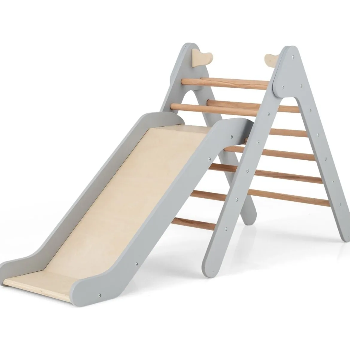 Kletterdreieck mit Rutsche Klettergerüst aus Holz Sprossendreieck zum Rutschen und Klettern Grau