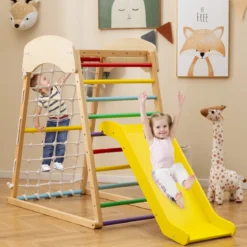 Klettergerüst Indoor 4 in 1 Pull Up Bar & Rutsche & Kletterfelsen & Kletternetz Natur/Bunt