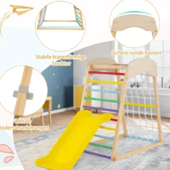 Klettergerüst Indoor 4 in 1 Pull Up Bar & Rutsche & Kletterfelsen & Kletternetz Natur/Bunt