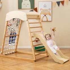 Klettergerüst Indoor 4 in 1 Pull Up Bar & Rutsche & Kletterfelsen & Kletternetz Natur/Bunt