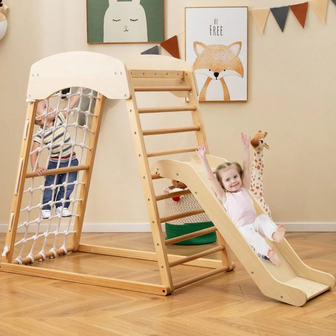 Klettergerüst Indoor 4 in 1 Pull Up Bar & Rutsche & Kletterfelsen & Kletternetz Natur/Bunt