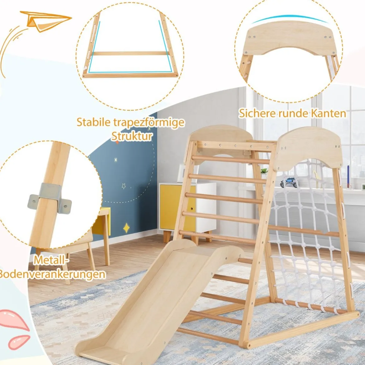 Klettergerüst Indoor 4 in 1 Pull Up Bar & Rutsche & Kletterfelsen & Kletternetz Natur/Bunt