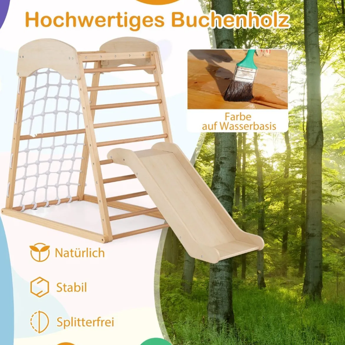 Klettergerüst Indoor 4 in 1 Pull Up Bar & Rutsche & Kletterfelsen & Kletternetz Natur/Bunt