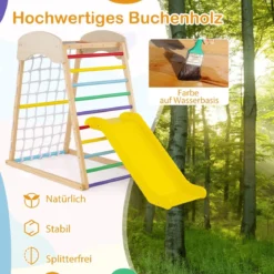 Klettergerüst Indoor 4 in 1 Pull Up Bar & Rutsche & Kletterfelsen & Kletternetz Natur/Bunt
