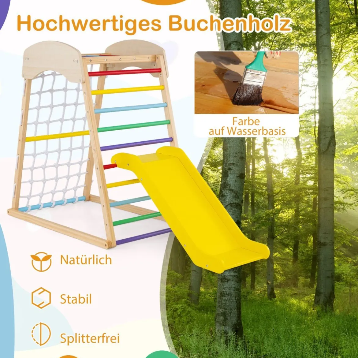Klettergerüst Indoor 4 in 1 Pull Up Bar & Rutsche & Kletterfelsen & Kletternetz Natur/Bunt