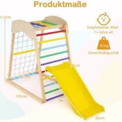 Klettergerüst Indoor 4 in 1 Pull Up Bar & Rutsche & Kletterfelsen & Kletternetz Natur/Bunt