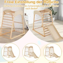 Klettergerüst Indoor 4 in 1 Pull Up Bar & Rutsche & Kletterfelsen & Kletternetz Natur/Bunt