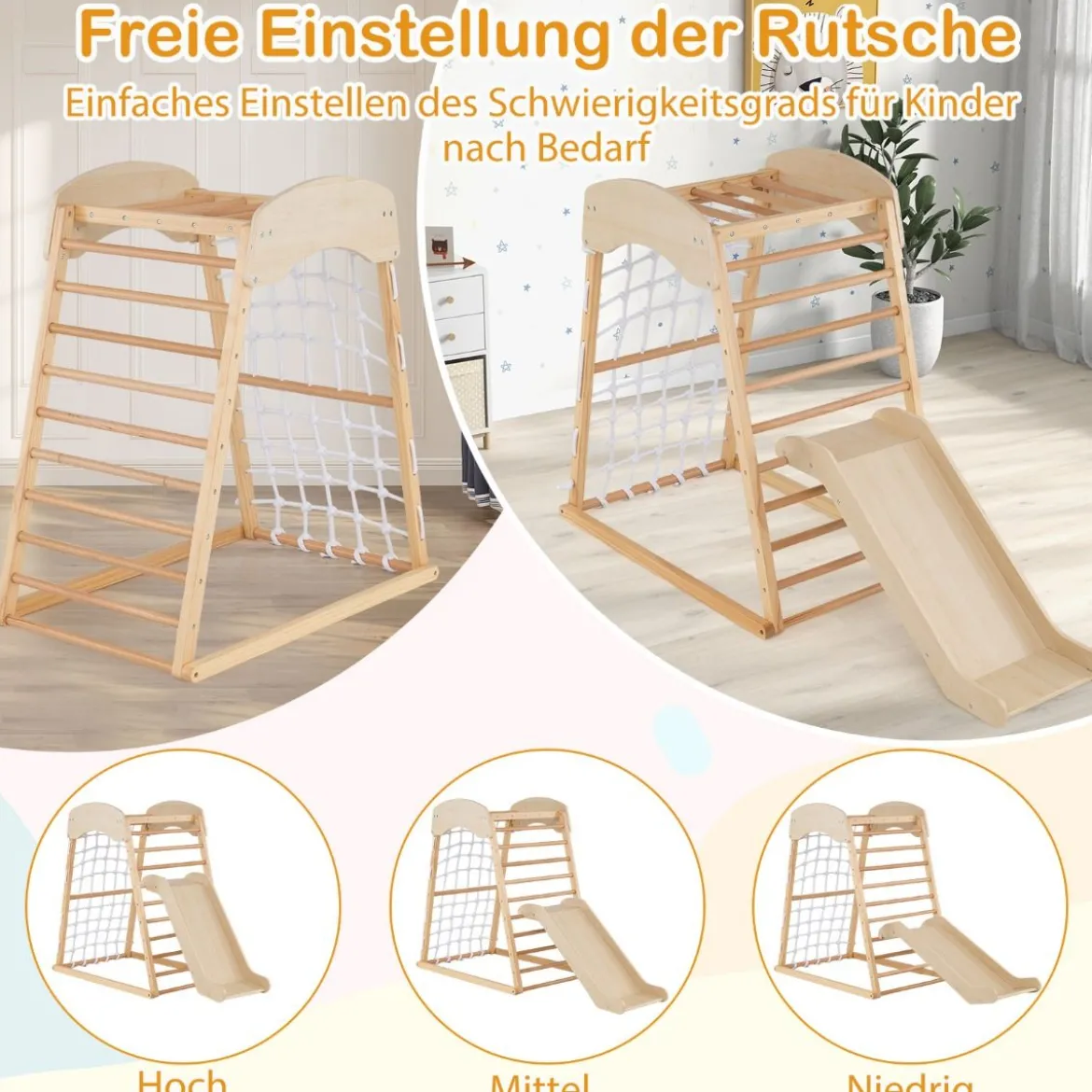 Klettergerüst Indoor 4 in 1 Pull Up Bar & Rutsche & Kletterfelsen & Kletternetz Natur/Bunt
