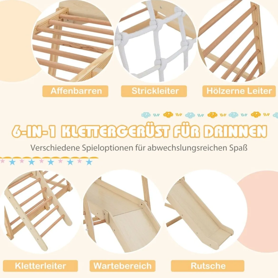 Klettergerüst Indoor Pull Up Bar & Rutsche & Kletternetz & Leiter & Tunnel 205 x 112 x 120 cm Natur