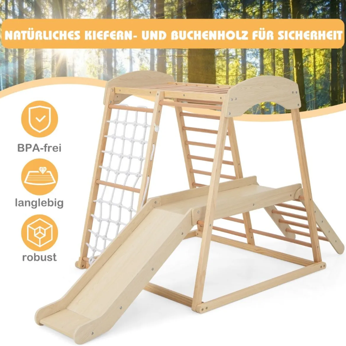 Klettergerüst Indoor Pull Up Bar & Rutsche & Kletternetz & Leiter & Tunnel 205 x 112 x 120 cm Natur