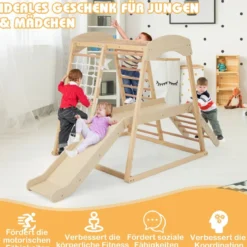 Klettergerüst Indoor Pull Up Bar & Rutsche & Kletternetz & Leiter & Tunnel 205 x 112 x 120 cm Natur