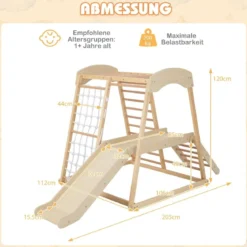 Klettergerüst Indoor Pull Up Bar & Rutsche & Kletternetz & Leiter & Tunnel 205 x 112 x 120 cm Natur